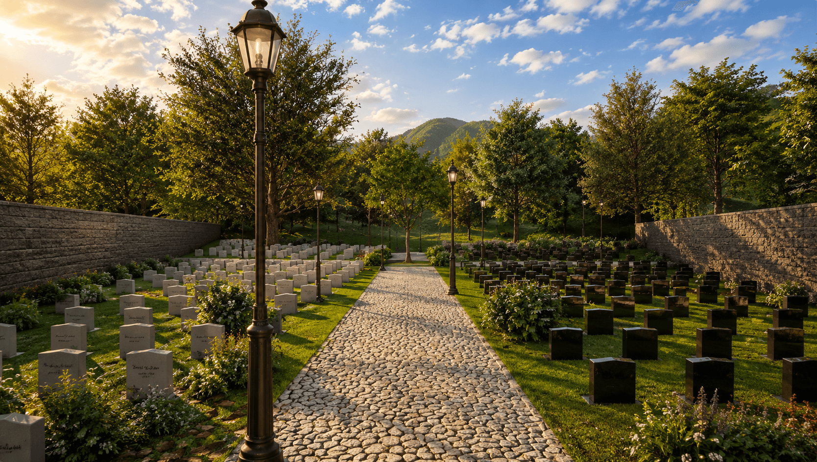 A cemetery path lined with headstones under an open sky
