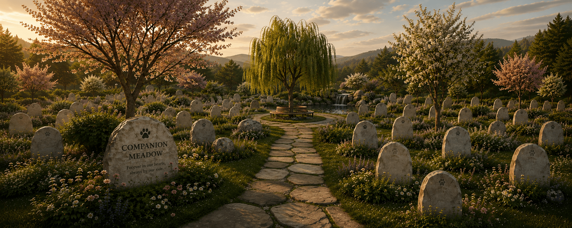 A flowering meadow with a stone path, a willow over a still pond, and memorial stones set among the grass